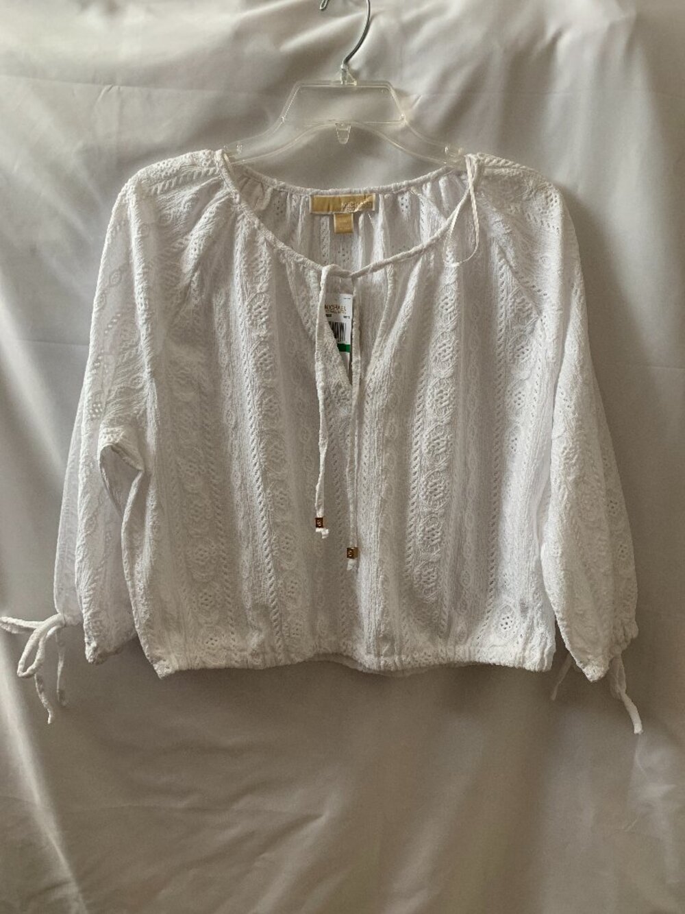 MICHAEL KORS Eyelet Embroidered Knit Blouse in White Sz LARGE
